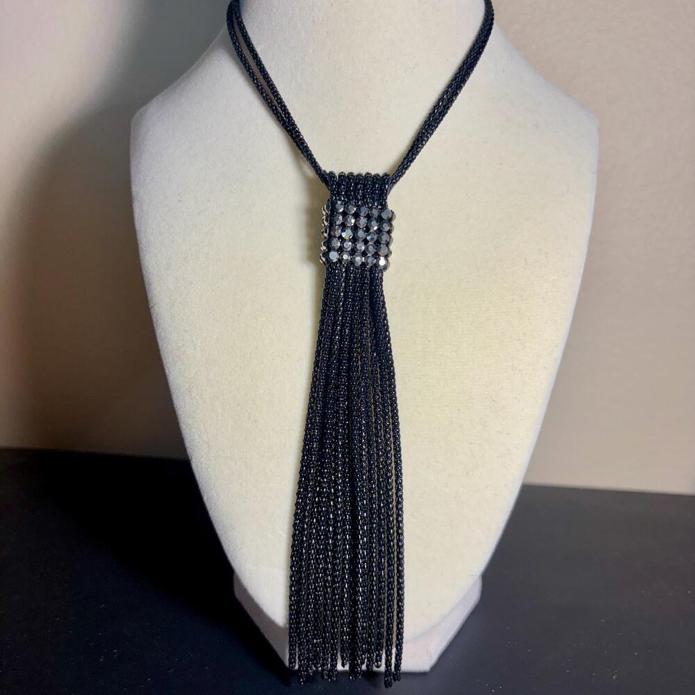 Black Beaded Tassel Necklace with Rhinestone Centerpiece